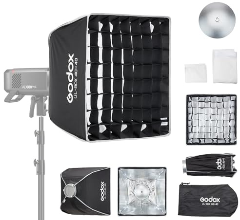 Godox Ombrello Softbox 40 cm x 40 cm con diffusore a griglia, softbox a montaggio rapido con supporto Bowens, illuminazione fotografica compatta per fotografia, luce fissa, monolight, flash