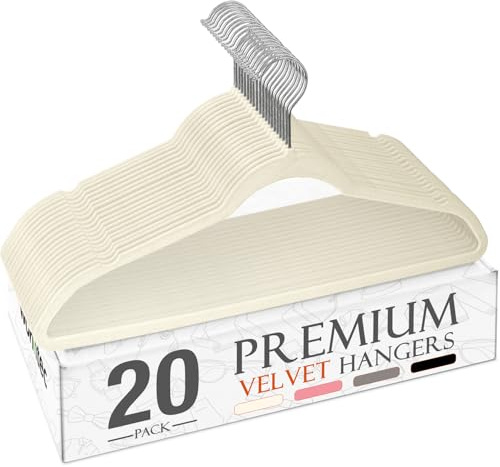 Wohntec Perchas de terciopelo 20 unidades, ahorran espacio, perchas antideslizantes y resistentes, giratorias 360°, para camisas, trajes, suéteres, pantalones, marfil