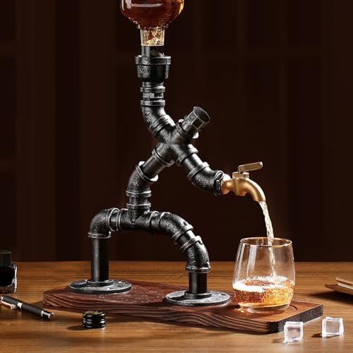 BIUMEICVIS Whiskyspender Silber mit flambiertem Holz – Steampunk Getränkespender aus Metall mit Silikonschlauch – Geschenkidee für Männer & Bar Deko