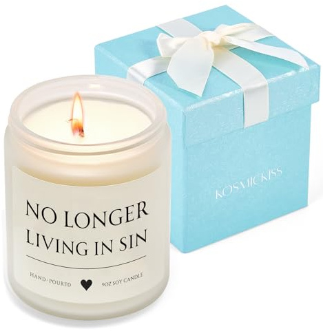 Wedding Gifts for Newlyweds, Engagement Gifts for Couples, Bachelorette Bridal Shower Gift for Bride and Groom His and Her Anniversary Present No Longer Living in Sin Soy Wax Candle