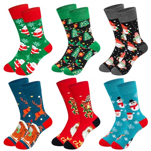 SHAINE 6 Paar Weihnachtssocken Damen Herren Christmas Socks Unisex Weihnachtsmotiv Festlicher Baumwolle Socken Weihnachten Geschenke Crew Socken Männer & Frauen Kuschelsocken 39-46