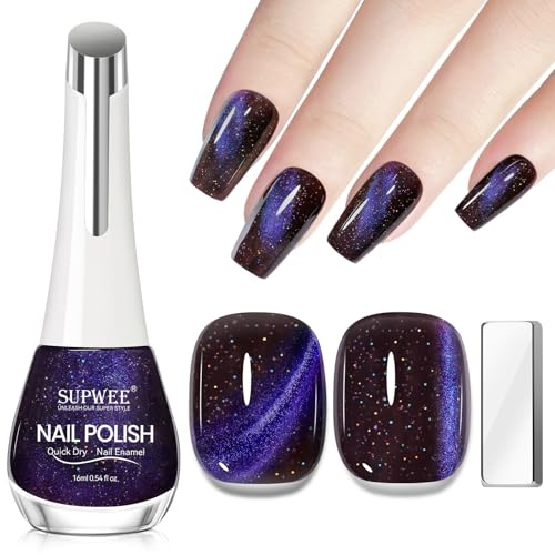 SUPWEE Cat Eye Nagellack Schnelltrocknend, Violett Magnetischer Nagellack | mit Magnet Langanhaltend Glitzer Cat Eye Nail Polish Ohne UV Lampe Maniküre DIY Nail Art 16ML