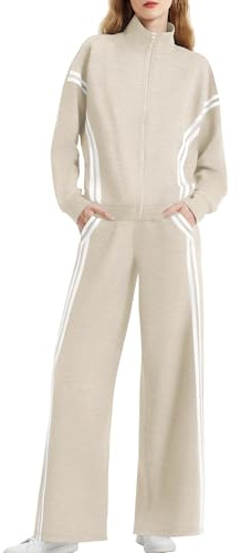 Casly Lamiit 2 Piece Lounge Sets for Women Track Sweatsuit Trendy Sweat Jackets Wide Leg Pants Jogging 2025 Spring Casual Travel Outfits Light Khaki S