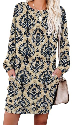 PrinStory Women Jumper Dress Long Sleeve Winter Mini Dresses Casual Loose Knitted Pullover Sweater Tunic Tops Basic Dress With Side Pockets