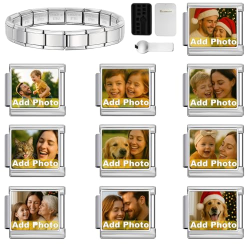 Argenté Bracelet Photo Personnalisé Style Italien – Lot de 10 Charms Maillons en Acier Inoxydable – Kit Bijou Extensible avec Outil et Boîte Cadeau – Idée Cadeau Femme et Maman