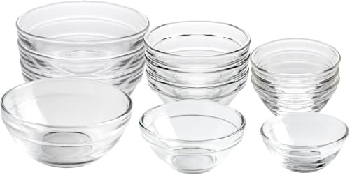 HillSpring 12 Stück kleine Glasschälchen-Set in 3 Größen (44/74/104 ml) – Mini Dipschalen für Soßen, Dips, Gewürze, Toppings & gehackte Zutaten – stapelbar, spülmaschinenfest, mikrowellengeeignet