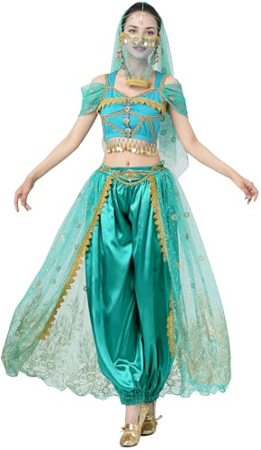 MUNAFIE Aladdin Kostüm Arabisch Bauchtanz Jasmin Prinzessin Pailletten Kostüm Halloween Karneval Partykleidung Grün L