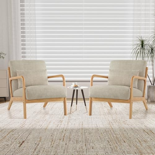XH.Easy Go 2er-Set Accent Sessel mit Kissen,Moderner Polstersessel für Wohnzimmer,Lounge-Stuhl mit Armlehnen&Holzrahmen,bequemer Lesesessel,Stoff Hellgrau