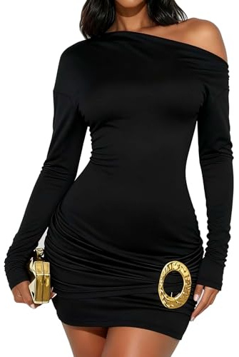 TZLDN Women Off The Shoulder Dress Long Sleeve Black Mini Dress Bodycon Short Dresses Party Christmas Going Out Black L
