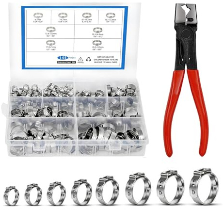 145 Stück Einohr-Schlauchschellen aus Edelstahl mit 1 Stück Schl, 6-23.5mm 9 Größen Crimp Schlauchschellen Sortiment Kit, Ohr Cinch Ringe Crimp Pinch Fitting Tools