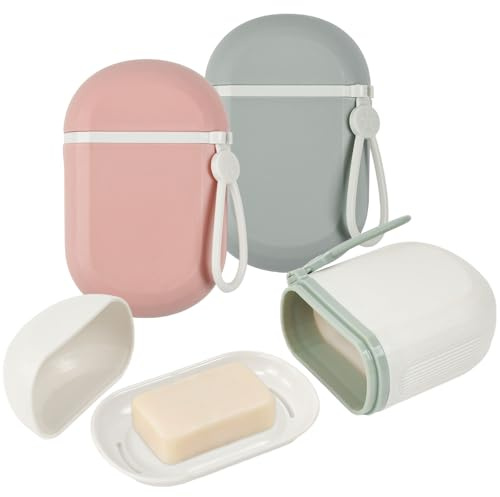 Vurixfo 3 Pack Travel Soap Case, Soap Dish with Lid Portable Soaps Holder Sealed Soaps Box Container Soap Bar Case With Drainage Layer and Handle for Camp Travel Gym Hiking Bathroom, Pink/White/Green