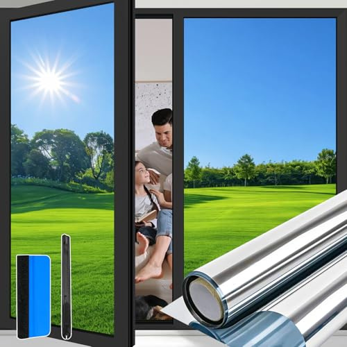 Niviy Spiegelfolie Fenster Silber 90x400cm | Sonnenschutzfolie Fensterfolie Blickdicht von außen, von innen Durchsichtig, Selbstklebend Sichtschutz UV-Schutzfolie