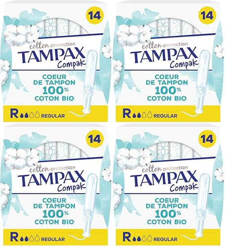 Tampax Cotton Protection Compak Régulier Avec Applicateur x 14, Tampons Tampax En Coton Bio Et En Format Compact (Lot de 4)