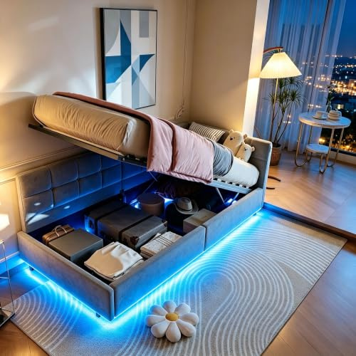 BAJKNIU 90x200 cm Polsterbett mit hydraulischem Stauraum, Schlafsofa mit LED-Beleuchtung und USB-Anschluss, Kinderbett, Tagesbett, Jugendbett, Kopfteil aus Samt, Lattenrost aus Holz, ohne Matratze