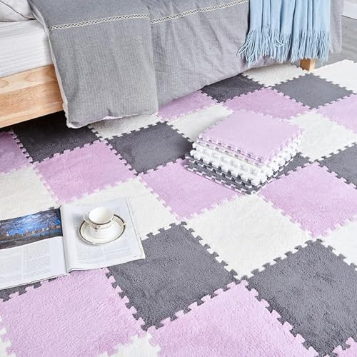 7UIYgtyO LNNNW Plush Piezas Alfombra Puzzle Losetas de Alfombra entrelazadas de retales de Espuma de Felpa, 24 Piezas, alfombras de Rompecabezas de baldosas cuadradas entrelazadas(White+Grey+Purple)