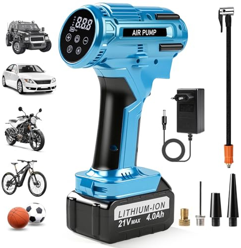 Telituny Compresseur à Air Portatif 150 PSI, Gonfleur Pneus Voiture sans Fil avec Manomètre et lampe LED, Pompe à Air Électrique Numérique à batterie 21V, Pompe à Célo, pour Voiture Moto Vélo Ballon