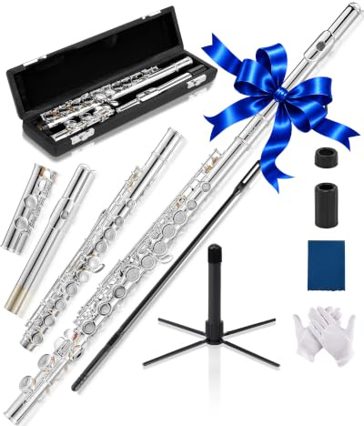 AKLOT Geschlossenes Loch Konzert-C-Flöte: Flöteninstrument mit 16 Tasten, versetztes G, glatte versilberte Tasten, luftdichte Pads, inklusive stilvollem Leder-Hartschalenkoffer, Reinigungsset, Ständer
