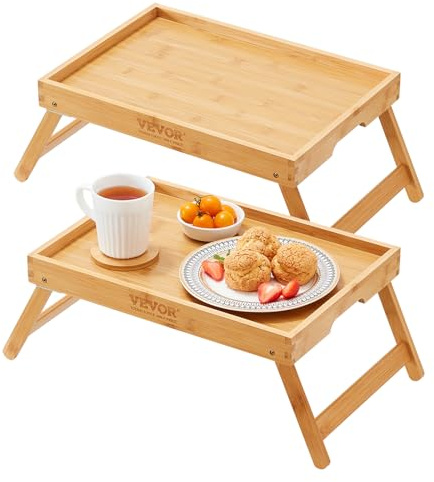 VEVOR Bandeja de Cama para Desayuno 2 Piezas Bandeja para Comida con Patas Plegables, Mesa de Cama Multifunción de Bambú, Panel de MDF, Soporte para Ordenador Portátil, Dibujo, Sofá, Comer, 40x28 cm