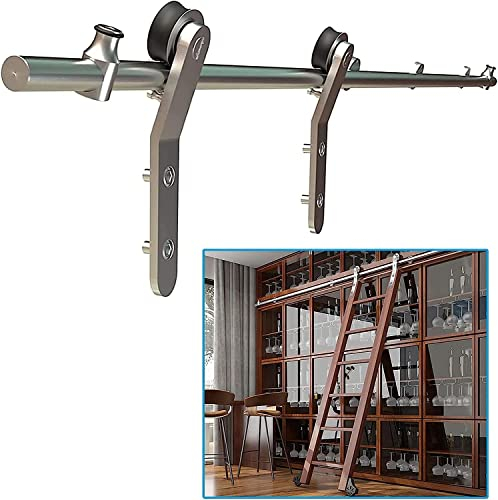 EsEntL Schiebe-Scheunentor-Set, 6,6 Fuß bis 13 Fuß, Schiebeleiter, Bibliothek, komplettes Set, Hardware-Rollschiene (ohne Leiter), Mobile Leiterschiene aus Edelstahl-Rundrohr für Zuhause/Innenraum/
