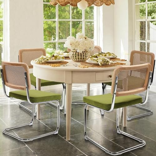 KROFEM Dining Chairs Set of 4, Modern Rattan Kitchen Chairs, Mid Century Modern Design, Polished Chrome Frame, Upholstered Seat, Green