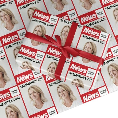 Spoof Newspaper Wrapping Paper – Personalised Photo Upload Gift Wrap – Funny Custom Design with Humour – Novelty Present for Birthdays & Occasions - Large Roll (50cm x 3.6m)
