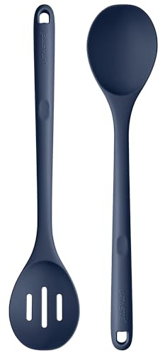 U-Taste Silicone Serving Spoon Set of 2, 315℃ Heat Resistant, Midnight Blue | 33.9cm, Solid & Slotted Large Cooking Spoons, Long Handle Nonstick Seamless Kitchen Utensil for Mixing Stirring Draining