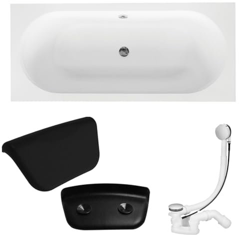 KOLMAN Badewanne Exklusiv 180x80 cm Acryl mit Kopfstütze KODI Siphon Wanne Rechteck Weiß Design Modern Ablaufgarnitur in Chrom kompatibel mit Viega