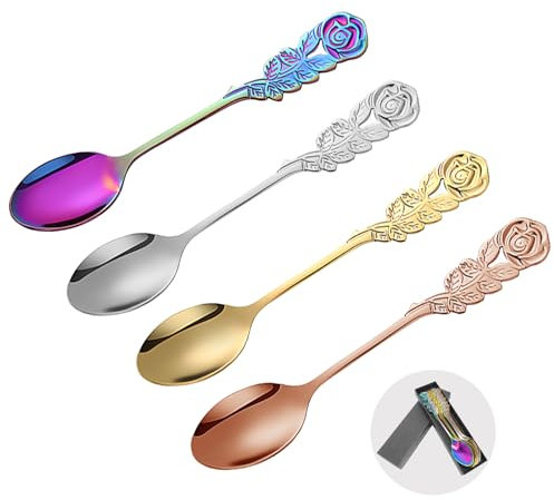 Cuillere a Cafe Cadeau, 4 couleurs cuillère à café, poignée de rose délicate 13 cm cuillère à café gâteau au café cuillère à sucre cuillère à mélanger cadeau