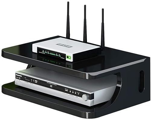 2 Tier Wooden Floating Shelf Wall Mounted WiFi Router Storage Box TV Components Media Console Storage Shelf Floating Shelf Wall Mounted for Cable Boxes/Routers/Remotes/DVD Players/Game Consoles(Black)