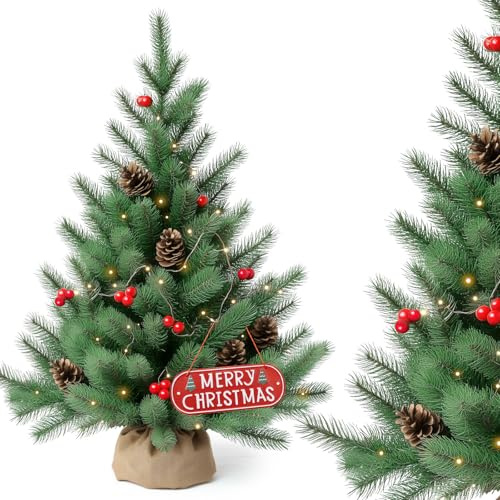 Mini Weihnachtsbaum，60CM PE Christbaum mit Kiefernzapfen DIY、Rote Beeren、Sackleinen,Tisch Weihnachtsbaum klein,Künstlich Klein Desktop Deko Tannenbaum，Weihnachtsdeko für Tischdeko Schaufenster Büro