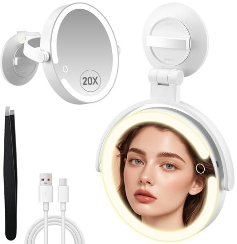 MOMOKUBA Magnifying Mirror with Suction Cups - Wall Mounted Magnifying Mirror with Light 1x/20x Magnification - 3 LED Lighting Modes, Rechargeable & Adjustable for Bathroom, Bedroom, Vanity