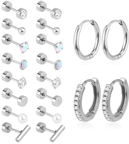 10 Paar Kleine Ohrstecker aus Chirurgischem Stahl, Silberne Ohrstecker mit Flacher Rückseite Knorpelohrringe Creolen Ohrring-Sets mit Schraubverschluss für Knorpel Helix Lappen