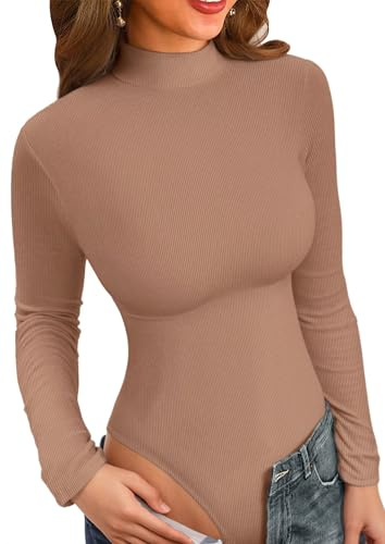 VICHYIE Damen Langarm Bodysuit, Eleganter Hoher Kragen, Enganliegender Basic-Style, Ideal als Unterhemd-Layer