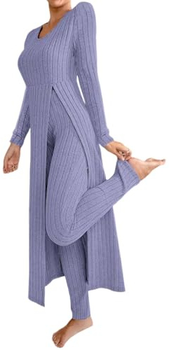 shownicer Damen Zweiteiler Hosenanzug 2 Teiler Set Strickanzug Langarm Gerippt Top und Leggings Loungewear Sets Zweiteiler Outfit Freizeitanzug Casual Jogginganzug A Violett M