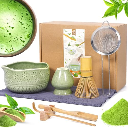 8 Pièces Matcha Kit, Cérémonie Matcha Set, avec Fouet-Matcha,Bol Bec Verseur,Cuillere,Fouet,Support De Fouet,Tamis, Céramique Coffret Kit-Matcha Complet Cadeau pour Les Amateurs-Matcha