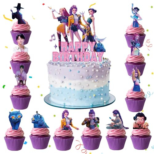 Cupcake Toppers di K-pop Dem0n Hun-ters, 13pcs K-pop Hun-ters Decorazione per Compleanno, Decorazioni per Feste per i Fan dei Bambini, Hunters Cake Topper per Decorare Cupcake/Muffin/Torte/Altri Dolci