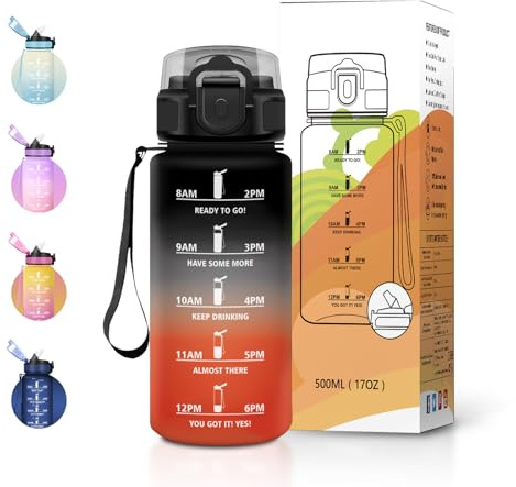 JAPORIA Bouteille Sport 500ml avec Paille et Marqueur de Temps, Gourde réutilisable, sans BPA, étanche, idéale pour la randonnée, le bureau et l'école