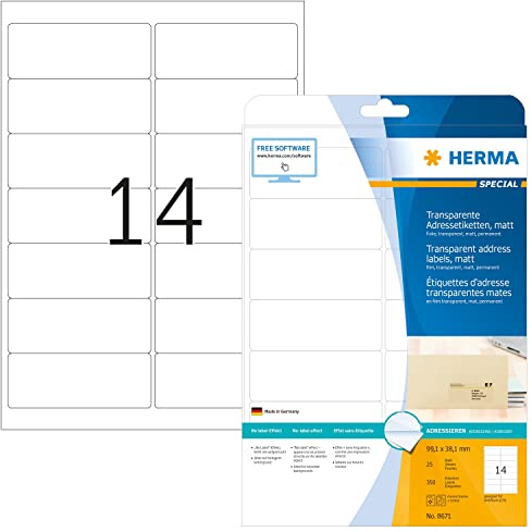 HERMA Etichette per Indirizzi, 99,1 x 38,1 mm, Etichette Adesive A4 per Stampante, 14 Etichette per Foglio, Trasparente
