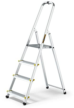 DRABEST SCALETTE SERIE PRO Scaletta in Alluminio Scaletta Domestica a 4 Gradini 150kg - Scaletta in Alluminio con Piedini Antiscivolo e Piattaforma per Scale da Lavoro - Scale Multiuso - 43x145x12cm
