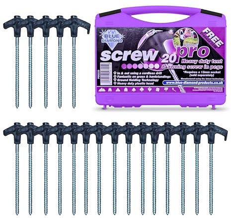 Blue Diamond Heavy Duty Screw Tent Pegs - Pack of 20 | Hard Ground Tent Pegs, Camping Pegs | Rustproof Galvanized Steel (Carry Case)