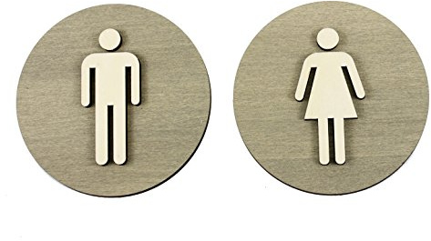 Plaque de WC en bois - Avec symboles hommes, femmes, handicapés - Gris, Bois, Damen+herren, Ø 24cm