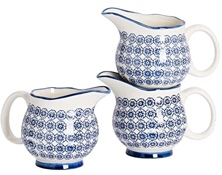 Nicola Spring Hand-Printed Milk Jugs - 300ml - Pack of 3 - Navy Decorative Porcelain Dishwasher Safe Floral Pattern Tableware Cappuccino Coffee Milk Pitcher Jugs with Handle