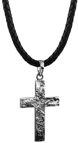 Kuzzoi Männer Lederhalskette mit Kreuz Anhänger aus massiven 925 Sterling Silber, Kette aus geflochtenem Rinderleder in schwarz, Dicke 5,5mm, markante exklusive Herren Ketten mit Anhänger