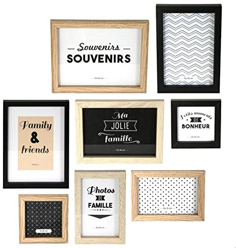 THE HOME DECO FACTORY - Marcos de Fotos, Madera + PVC, Negro/Blanco/Marrón, 22,2 x 2 x 27,3 cm, Juego de 8
