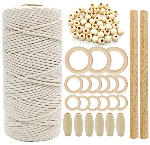 Suolong Makramee-Set, natürliche Makramee-Schnur, 3 mm, 50 Stück Holzperlen, 15 Stück Holzringe, 2 Stück Holzstäbchen, für Wandbehang, Bastelarbeiten, DIY, 100 m lang