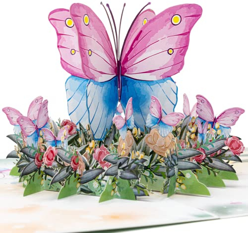 LIMAH® Geburtstagskarte, Pop Up 3D/ Blumen Karte, Geburtstagsgeschenk für Frauen oder Freundin zum Geburtstag, Hochzeit, Valentinstag oder Muttertag/im Aquarell Stil/Motiv Schmetterlinge und Blumen