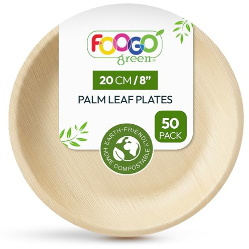 FOOGO Green 50 Assiettes Jetables Feuille de Palmier 20cm Rondes | Écologiques, Biodégradables, Compostables, Résistantes aux plats chauds, Mariage, Pique-nique, Alternative au bois