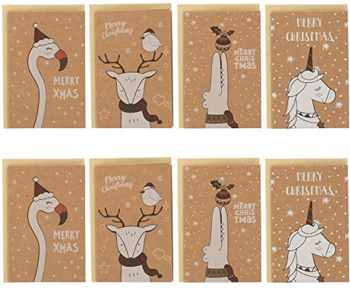 8 x Weihnachtskarten für Kinder aus Kraftpapier mit Umschlag – originelle Weihnachtskarte für Jungen und Mädchen – modernes Design Flamingo, Rentier, Krozil und Einhorn zum Schreiben eines Wortes