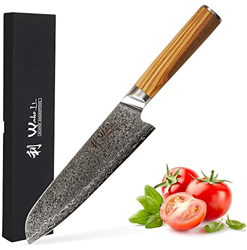 Wakoli Oribu Küchenmesser mit scharfer 17,5 cm Damastklinge aus 67 Lagen Damaststahl - Santoku Messer mit Olivenholzgriff - Gemüsemesser - Scharfes Messer in Geschenkbox - Universalmesser