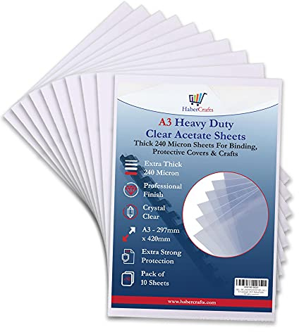 10 feuilles d'acétate transparentes et résistantes - 240 microns - pour protection de reliure, gravure, pochoirs - Format A3